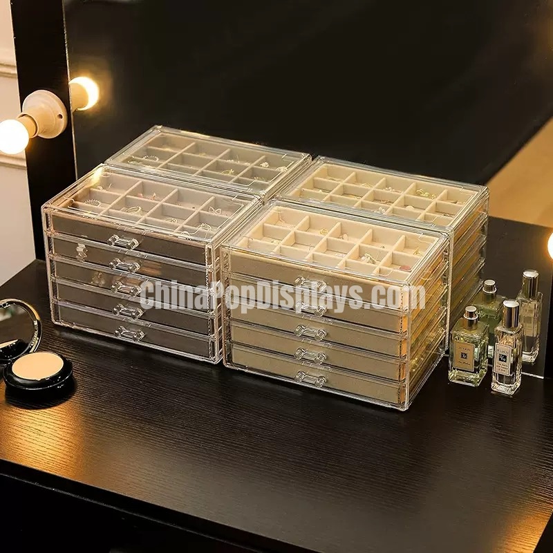 5-Drawer Acrylic Cosmetic Jewelry Organizer - Vanity Storage Box with Trays