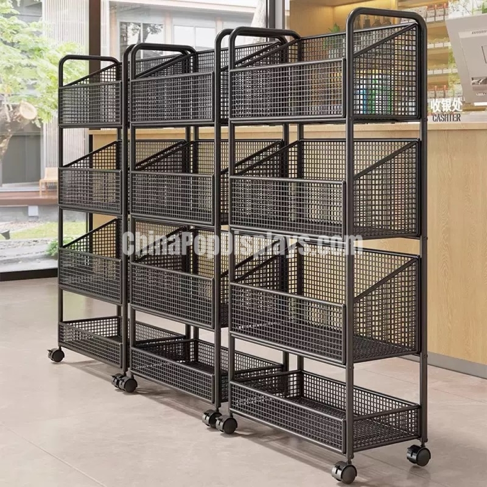 Heavy Duty 4-Tier Mobile Storage Rack with Casters - Commercial Rolling Display Stand & Portable Floor Merchandiser with Wheels