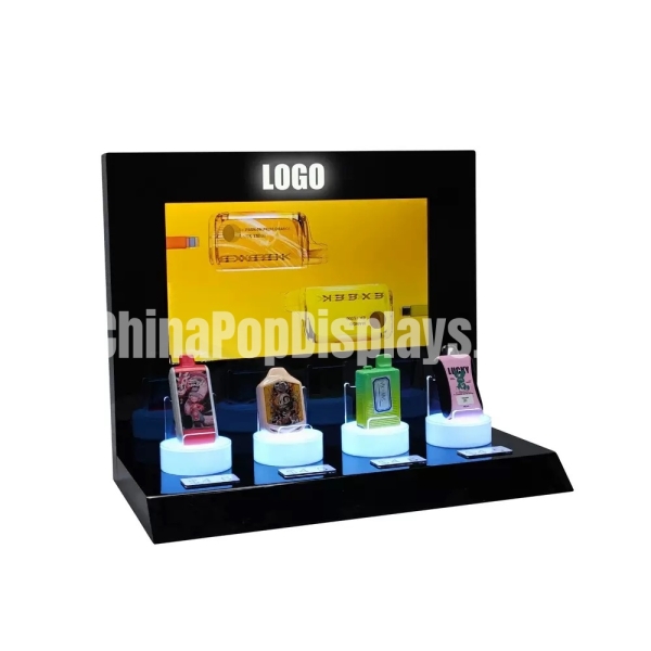 Black LED Acrylic Display Stand - Single Layer Product Showcase with Illuminated Base & Custom Logo Light